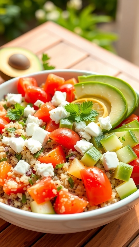 A refreshing quinoa bowl with cherry tomatoes, cucumbers, bell peppers, avocado, and feta cheese, served outdoors.